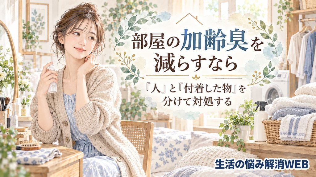 部屋の加齢臭対策として本人のケアと衣類・寝具など付着した物を分けて対処する女性のイラスト