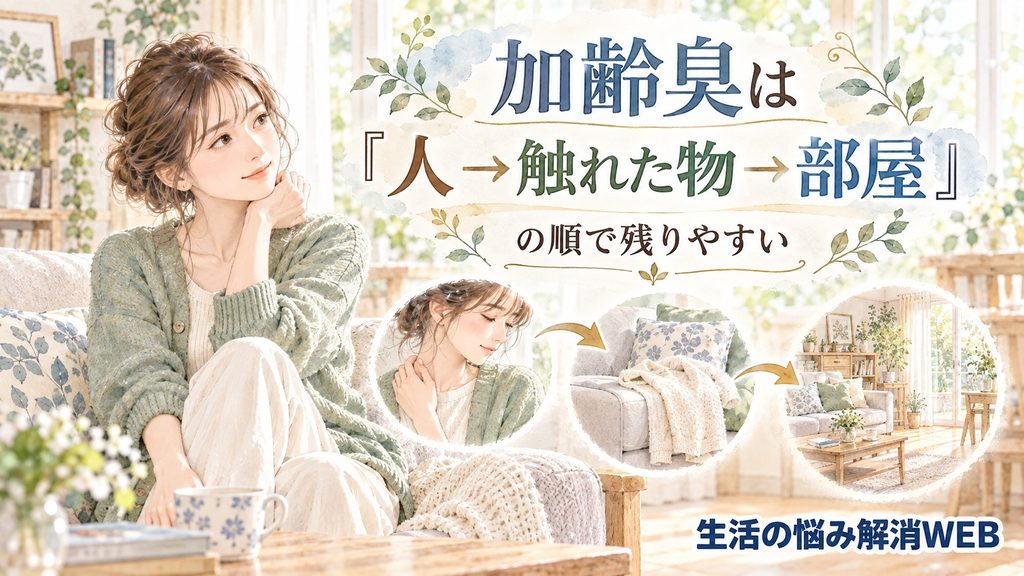 加齢臭が人から触れた物、そして部屋へ残っていく流れを示した女性と室内のイラスト