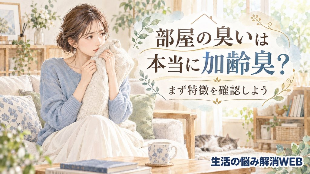 部屋の臭いが本当に加齢臭なのか、クッションの臭いを確認しながら考える女性のイラスト