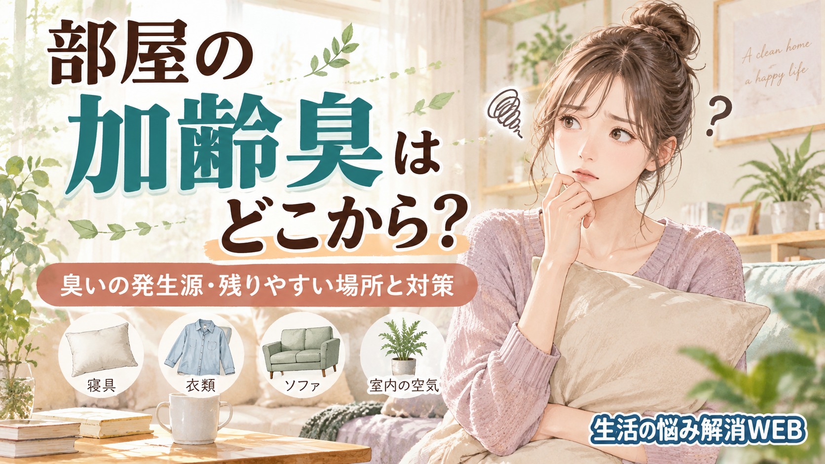 部屋の加齢臭の発生源や残りやすい場所を考えながら、クッションを抱えて室内を確認する女性の暮らし系イラスト