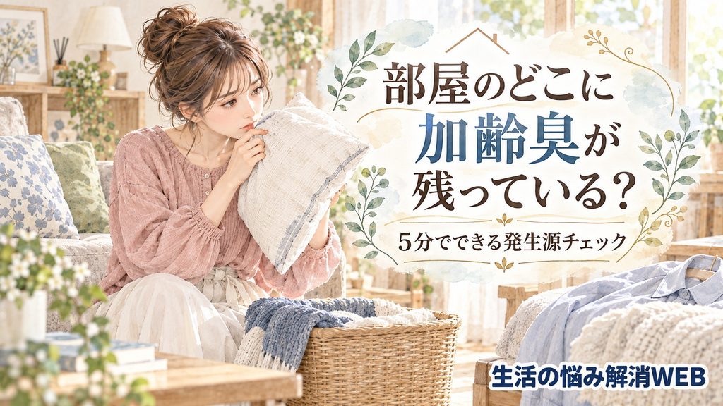 枕や衣類、寝具などを確認して部屋に残る加齢臭の発生源を探す女性のイラスト