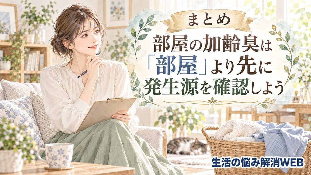 部屋全体を掃除する前に枕や衣類など加齢臭の発生源を確認する女性のまとめイラスト