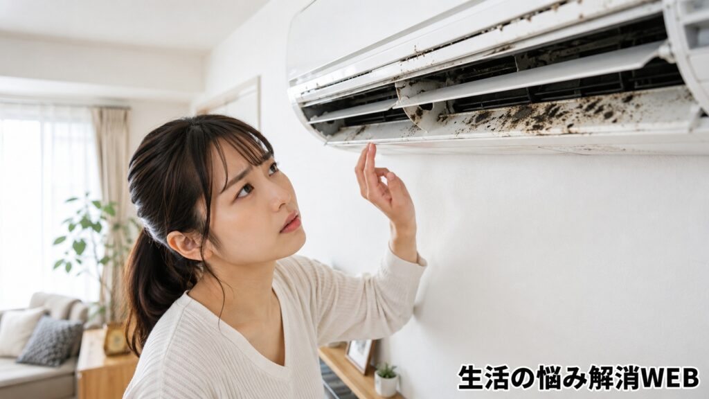 エアコンの吹き出し口に発生した黒カビや汚れを、若い女性が不安そうに確認している様子