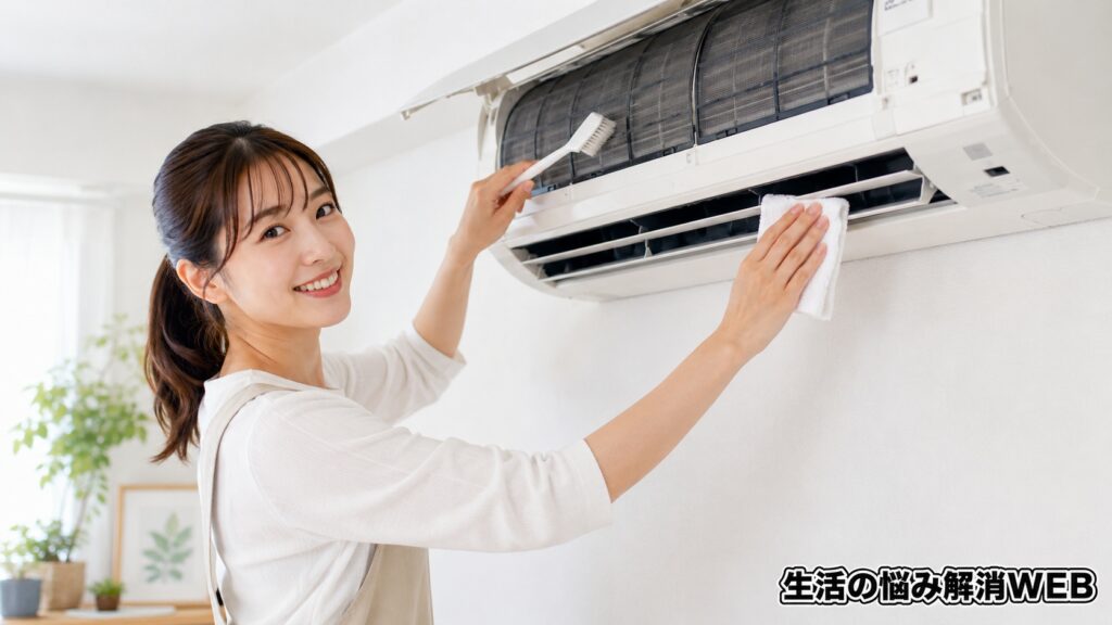 若い女性がエアコンのカバーを開け、フィルターや吹き出し口まわりをブラシと布で掃除している様子