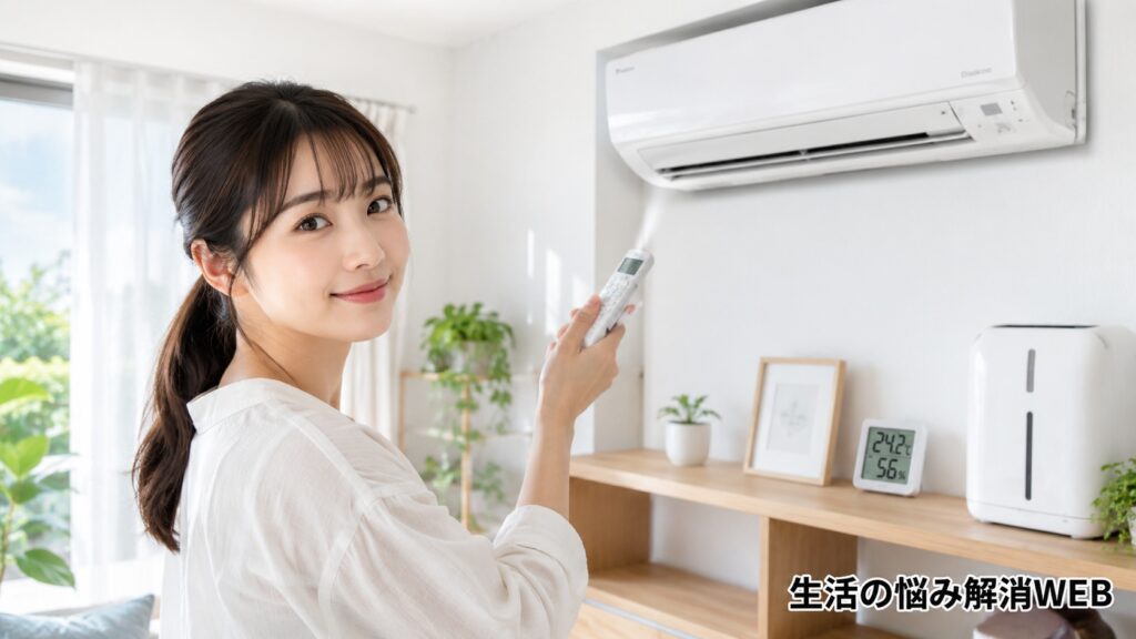 明るい室内で若い女性がエアコンのリモコンを持ち、湿度管理とカビ予防を意識している様子