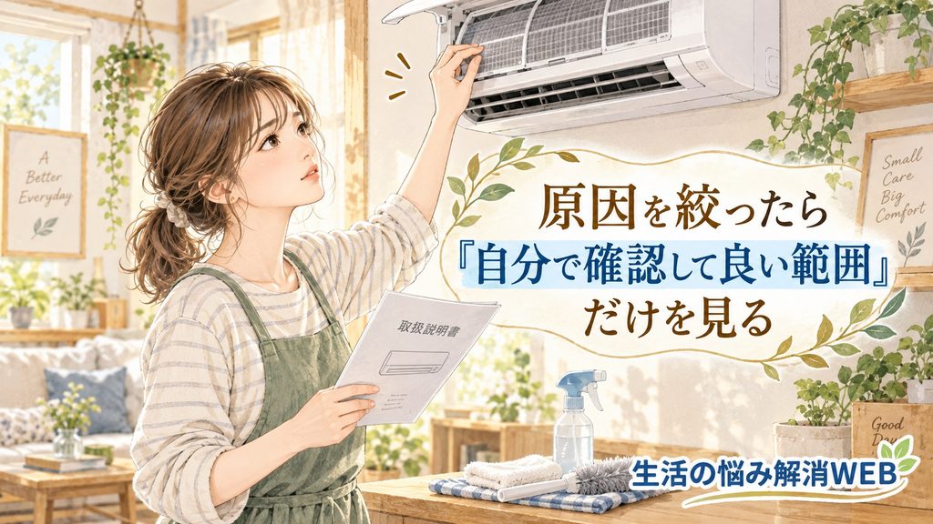 エアコンのフィルターなど自分で確認してよい範囲を点検する女性のイラスト