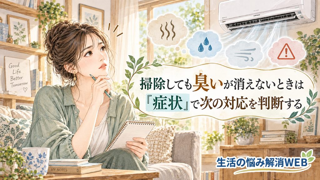 掃除しても臭いが消えないエアコンの症状を整理し、次の対応を判断する女性のイラスト