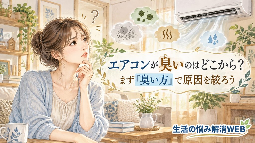 エアコンの臭いの種類から原因を絞り込む女性のイラスト