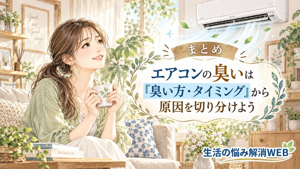 エアコンの臭い方とタイミングから原因を切り分け、快適な室内で過ごす女性のイラスト