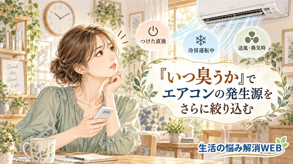 エアコンが臭うタイミングから発生源を確認する女性のイラスト