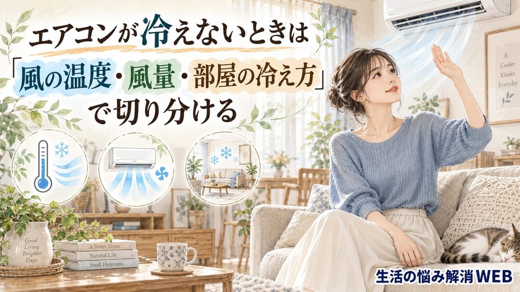 エアコンが冷えないときに、風の温度・風量・部屋の冷え方を確認する女性のイラスト