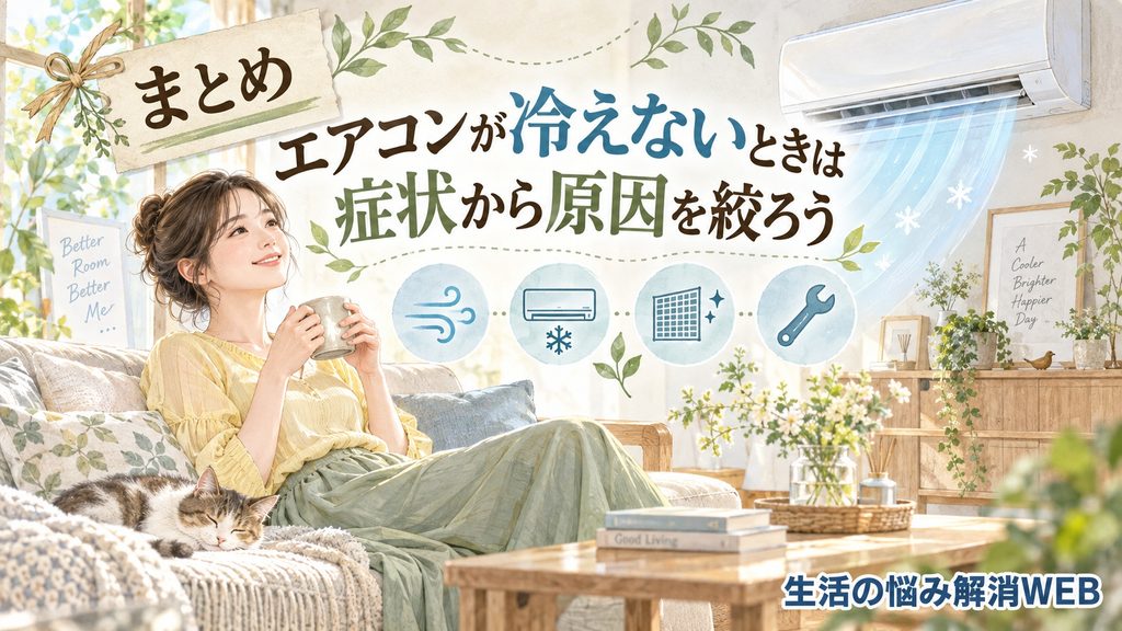 エアコンが冷えない原因を症状から絞り込み、快適な室内で過ごす女性のまとめイラスト
