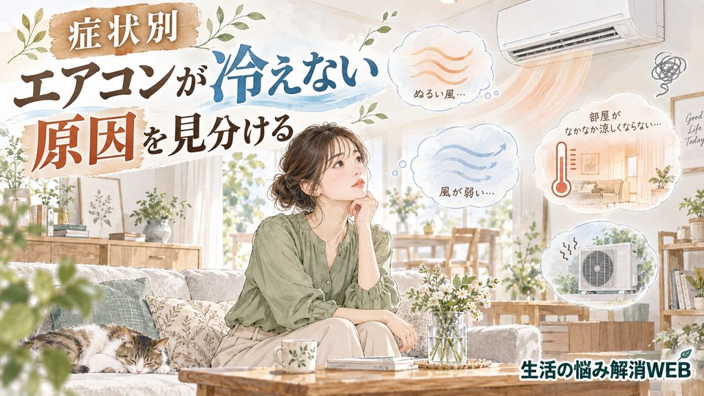 エアコンが冷えない症状から、ぬるい風・風量低下・部屋の暑さなど原因を見分ける女性のイラスト