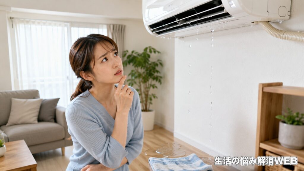 エアコンから水漏れしている室内で、女性が原因を確認しながら困っている様子