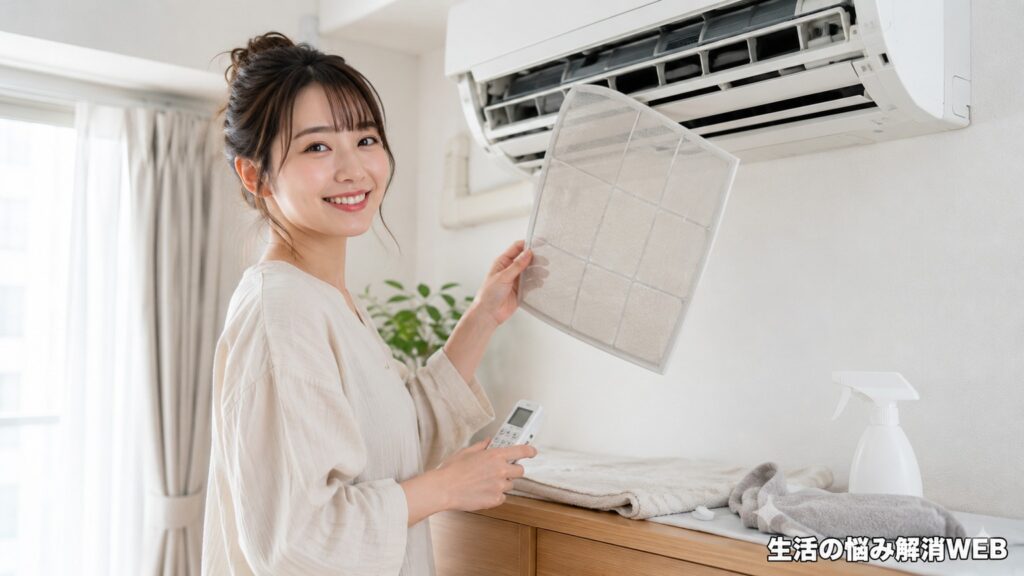女性がエアコンのフィルターを取り外し、水漏れ対策として掃除をしている様子