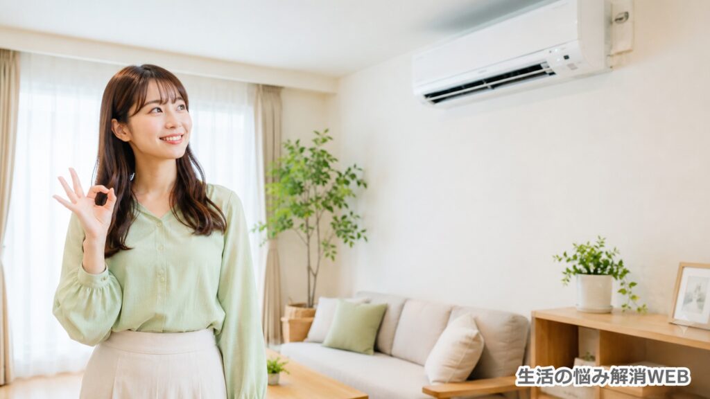 水漏れ対策後の快適なリビングで、女性が安心した表情を見せている様子