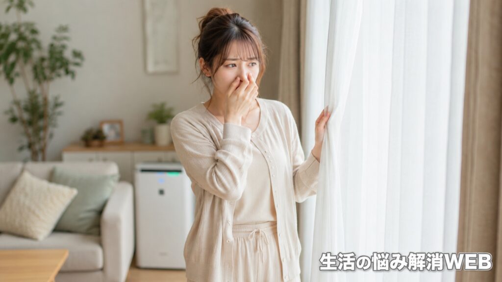 家の空気の悪さが気になり、窓辺でカーテンを開けながら不快そうな表情を見せる女性