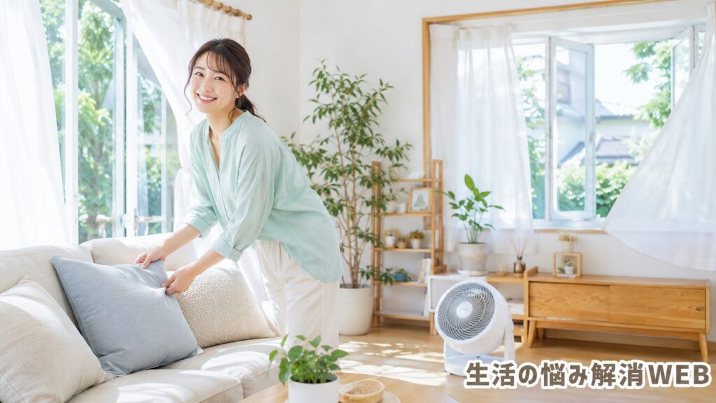 明るいリビングで窓を開けて換気し、クッションを整えながら空気改善をしている女性