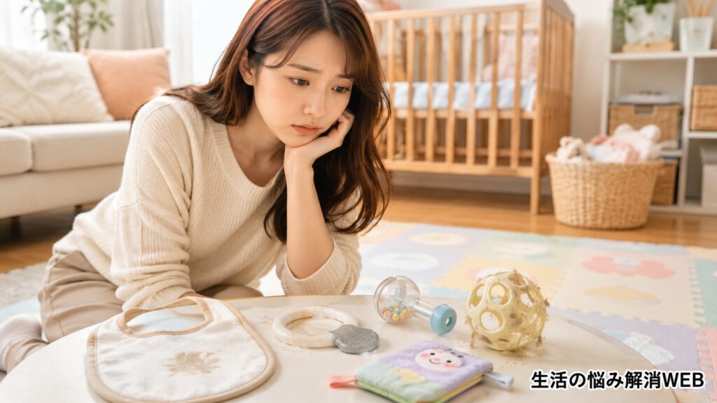 赤ちゃんのおもちゃやスタイの汚れを前に、掃除方法に悩んでいる女性