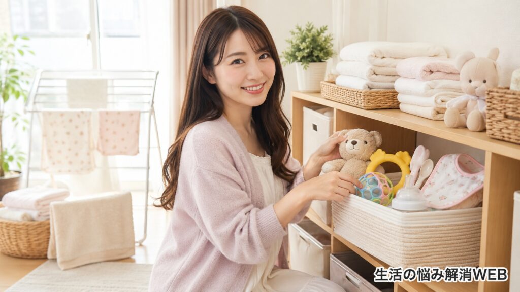 清潔にしたベビー用品やおもちゃを収納し、整理整頓している女性