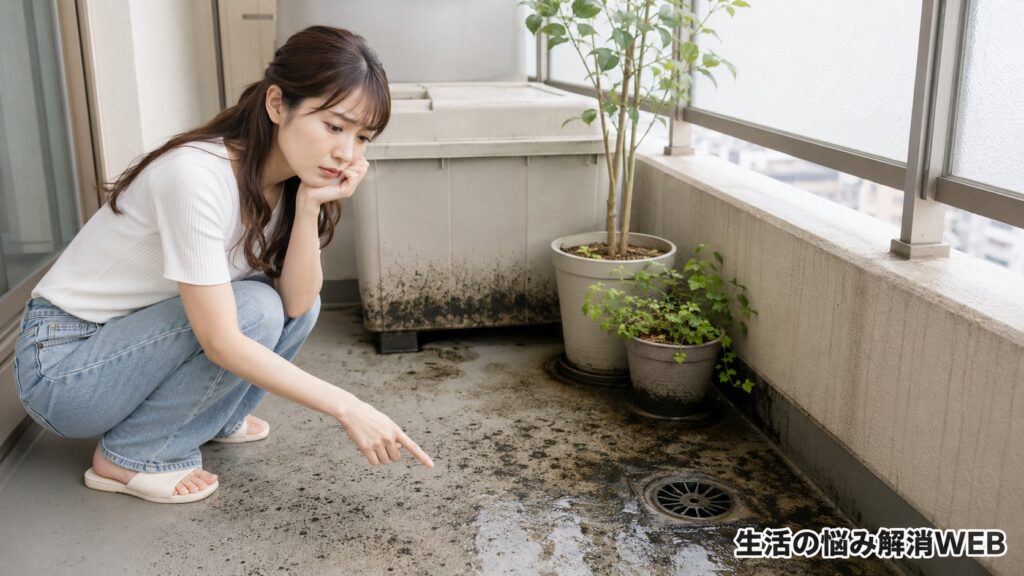 ベランダの床や排水口まわりに広がる黒カビを見つけて、不安そうに確認する女性