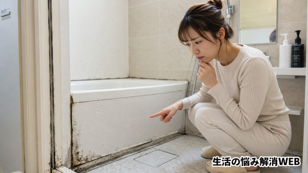 浴室のパッキンや床の隅に発生した黒カビを見つけ、心配そうに確認している若い女性