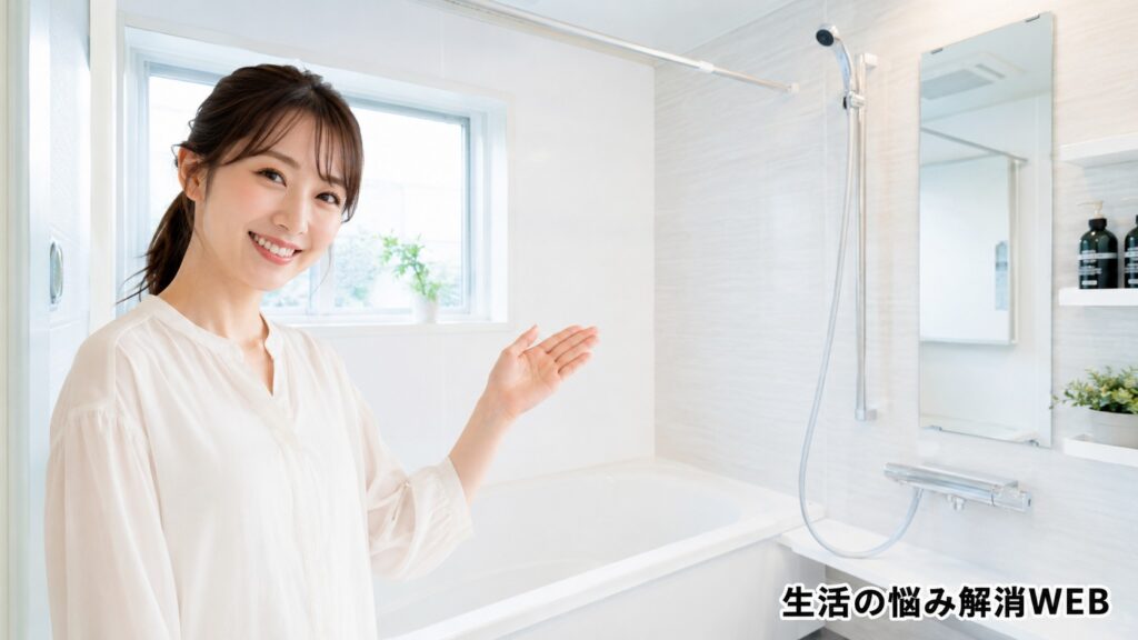 黒カビ対策後の清潔で明るい浴室を、安心した表情で紹介している若い女性