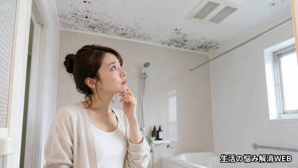浴室天井の換気口まわりや角に広がる黒カビを見上げ、心配そうに確認している若い女性