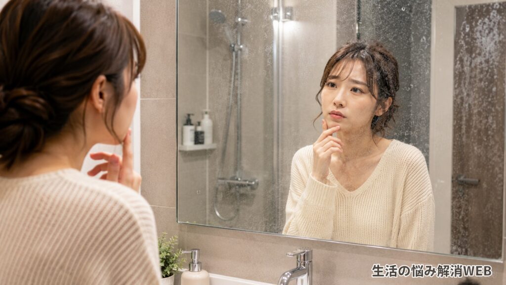 水垢やウロコ汚れが付いた浴室鏡を見つめて、原因を考える女性