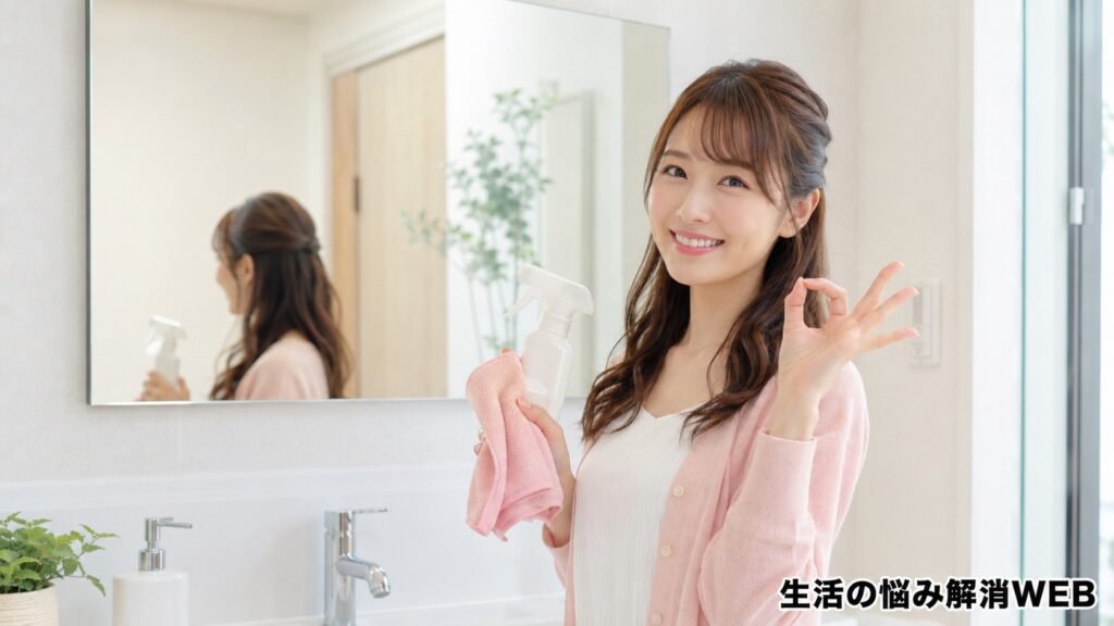 掃除用スプレーとクロスを持ち、きれいになった浴室でOKサインを見せる女性