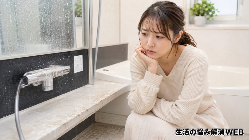 湯垢や水垢が残る浴室を前に、掃除方法に悩む女性