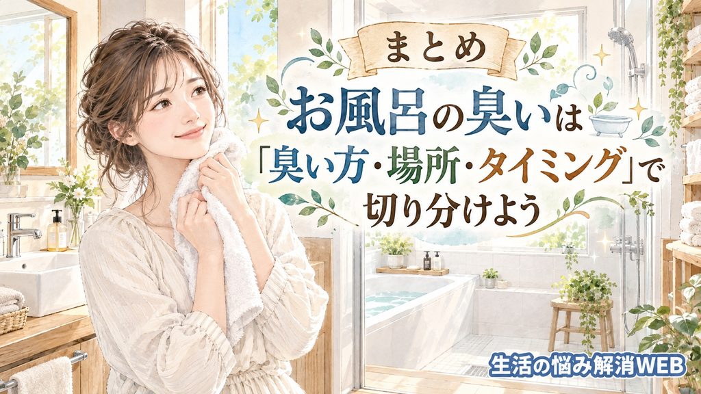 臭い方・場所・タイミングから原因を切り分け、清潔になった浴室で安心する女性のイラスト