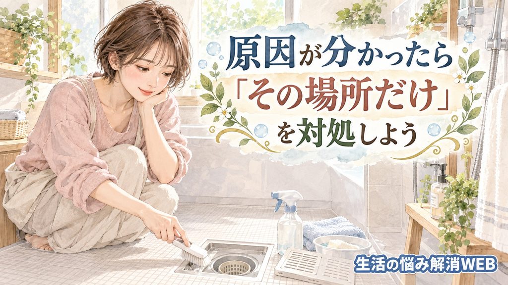 お風呂の臭いの原因が分かり、排水口など原因箇所だけを掃除している女性のイラスト