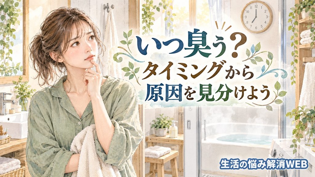 時計のある浴室で、お風呂が臭うタイミングから原因を考えている女性のイラスト