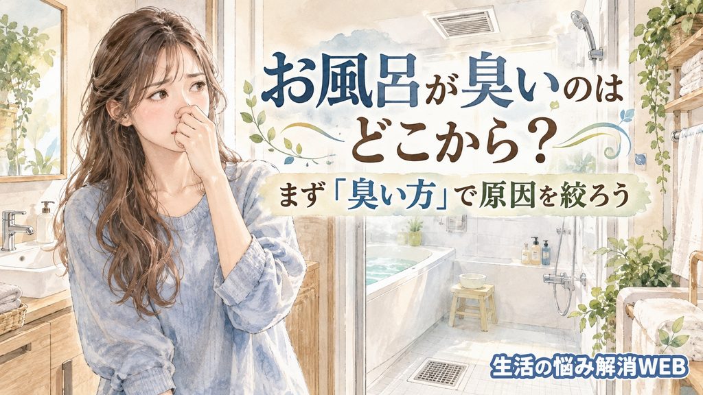 お風呂の臭い方から原因を絞り込もうと、浴室で臭いを確認している女性のイラスト
