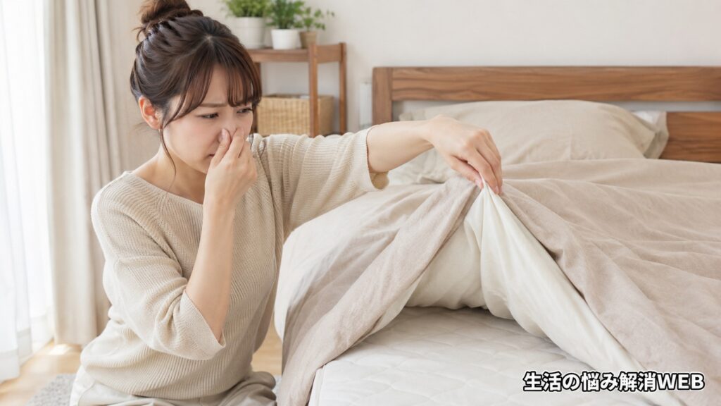 ベッドの布団をめくりながら臭いを確認し、鼻を押さえて困っている日本人女性