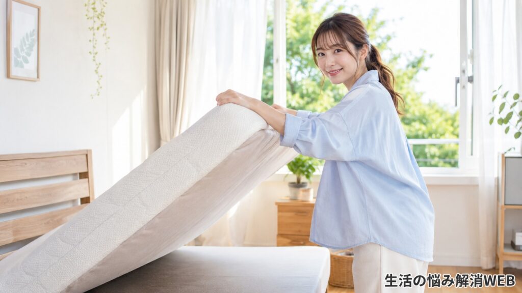 窓を開けた明るい寝室でマットレスを立てかけ、乾燥対策をしている日本人女性