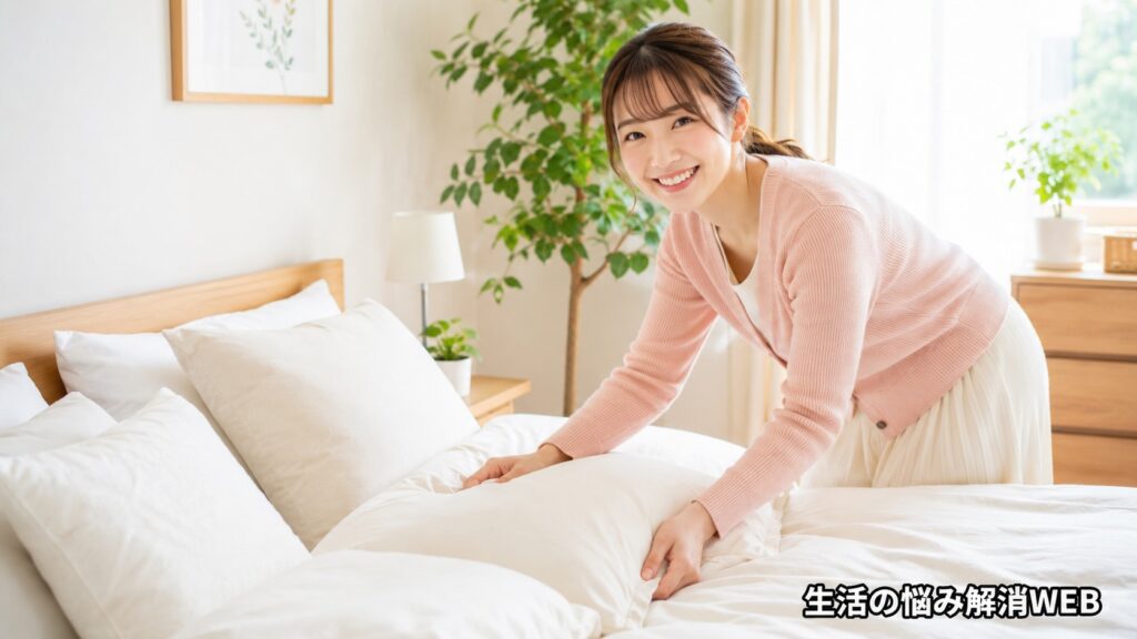 清潔に整えたベッドで枕を直しながら笑顔を見せる女性