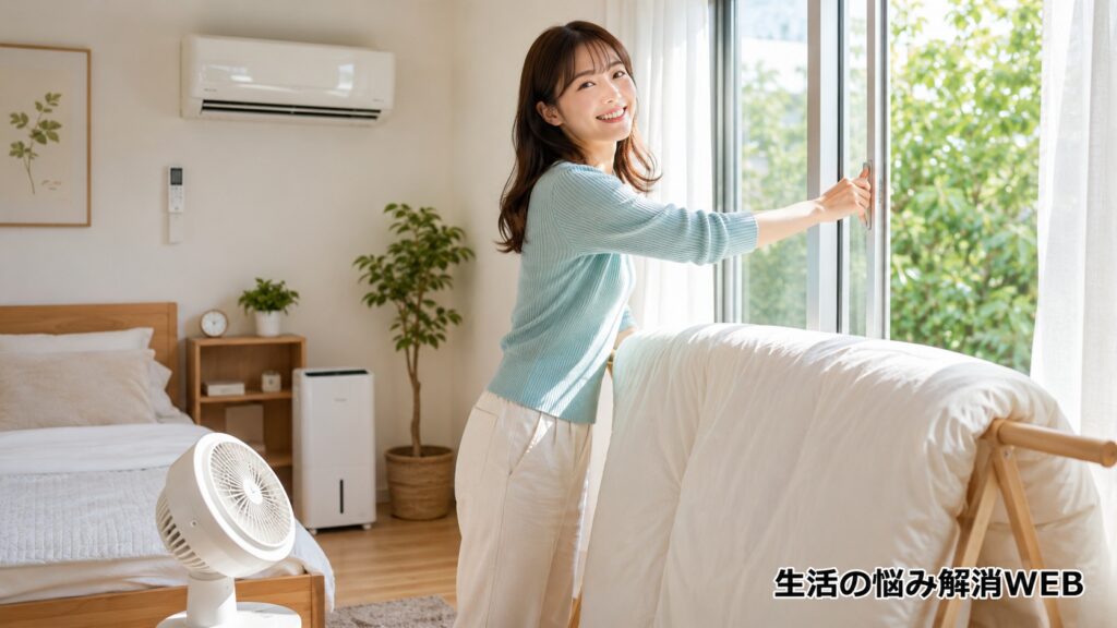 明るい寝室で窓を開けて換気し、布団を干しながらカビ対策をしている若い女性