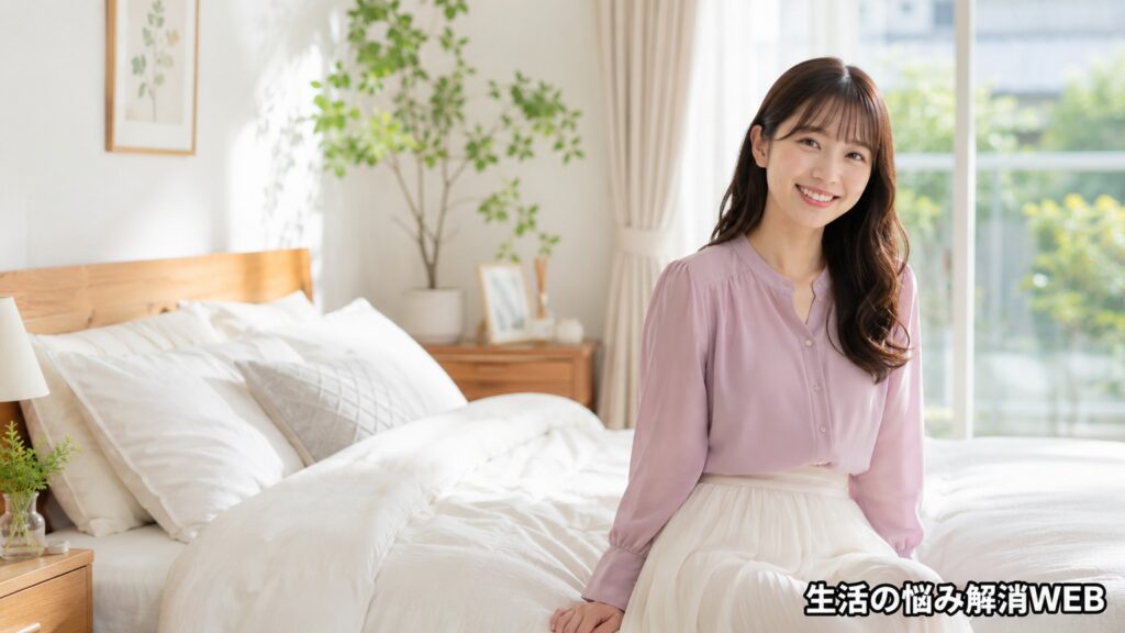 清潔に整えた明るい寝室で、ベッドのそばに座って笑顔を見せる若い女性