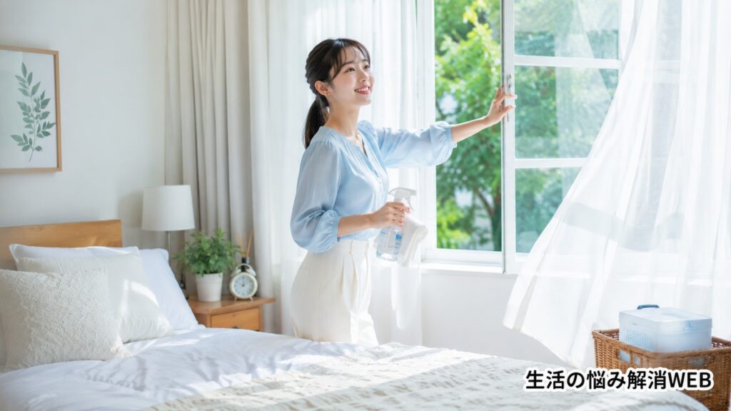 明るい寝室で窓を開け、スプレーと布を持ちながら換気する若い女性