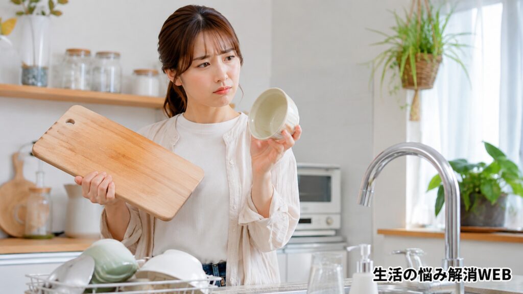 まな板と食器のヌメリ臭を確認する女性が、明るいキッチンでまな板と器を手に取って原因をチェックしている様子