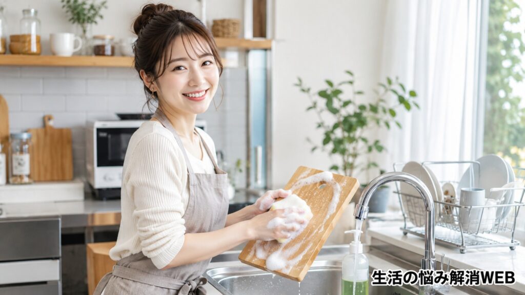 明るいキッチンで女性が泡立てたスポンジを使い、まな板を丁寧に洗ってヌメリ臭対策をしている様子