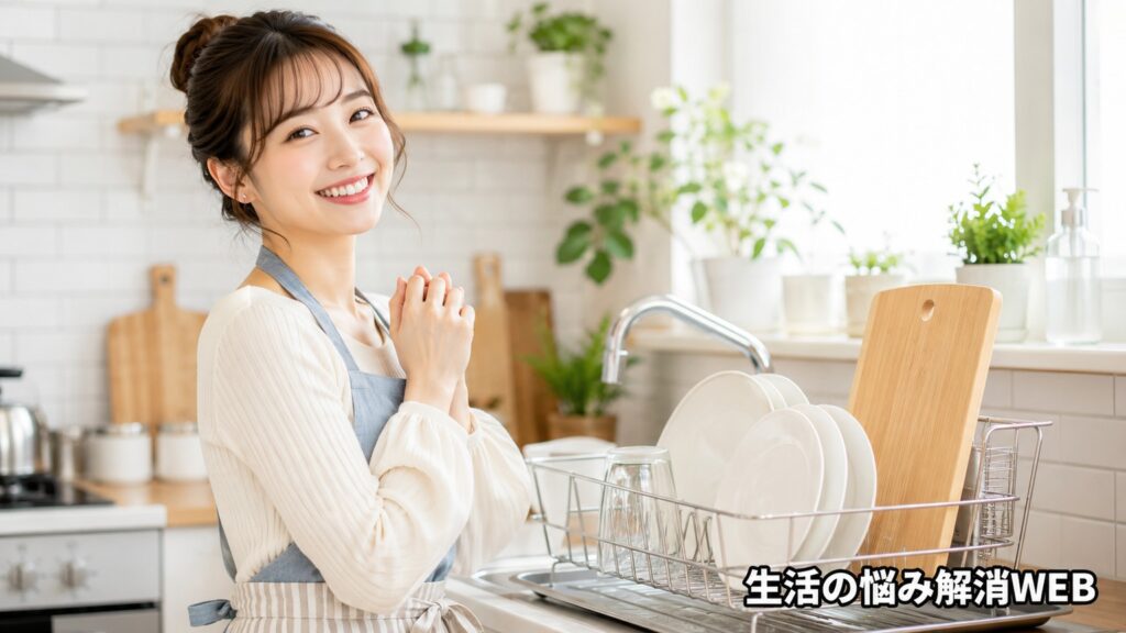清潔なキッチンで洗い終えた食器とまな板を水切りカゴで乾かし、ヌメリ臭の再発予防をしている様子