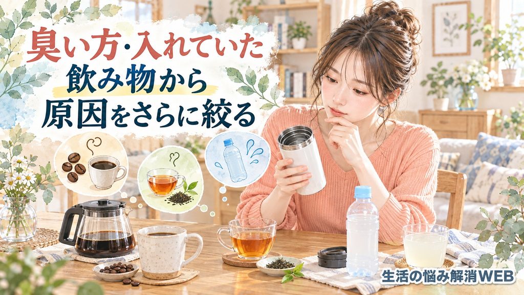 コーヒーやお茶など入れていた飲み物と臭い方から、水筒の臭いの原因を確認する女性のイラスト