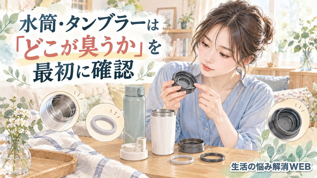 水筒とタンブラーを分解し、本体・フタ・パッキンのどこから臭うか確認する女性のイラスト