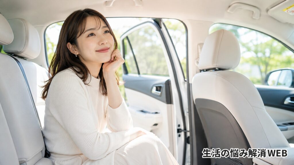 掃除後の明るく清潔な車内で満足そうに座る女性