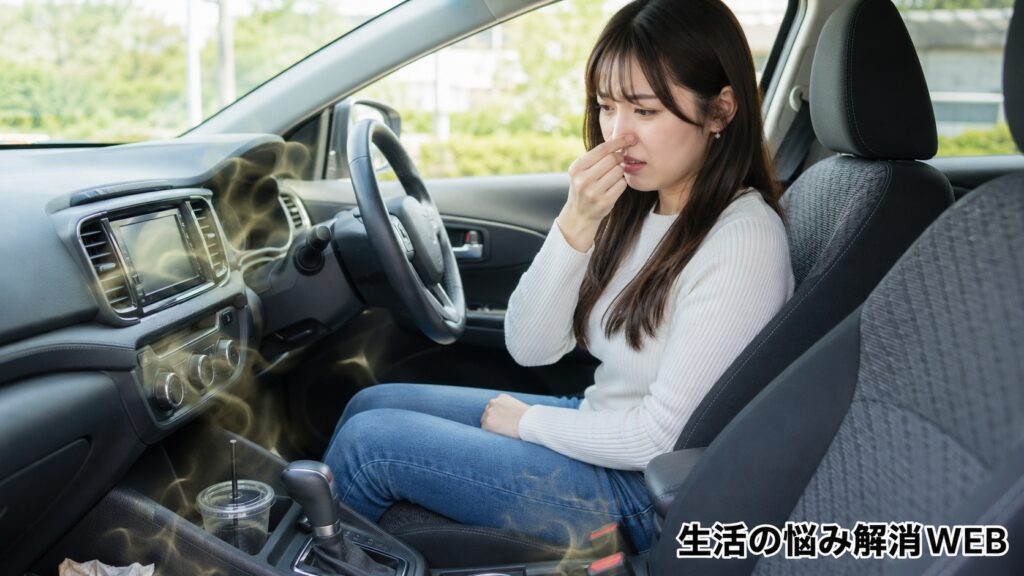 車内の嫌な臭いに気づき、鼻を押さえて困った表情を見せる若い女性