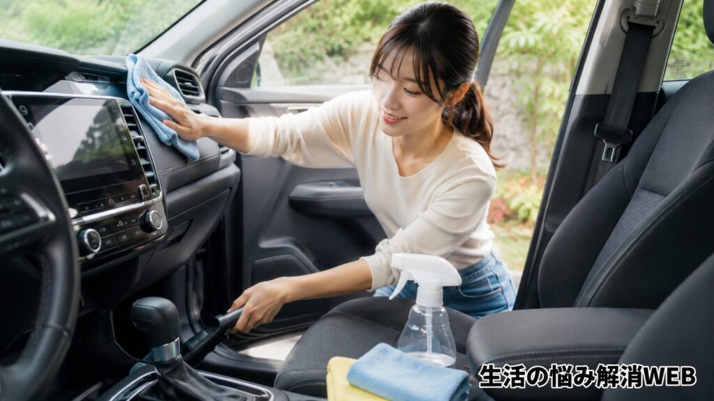 車内のダッシュボードや足元を掃除し、臭い対策をする若い女性