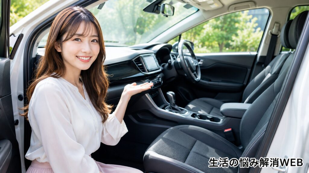 清潔に整えた車内を背景に、快適な空間を笑顔で紹介する若い女性